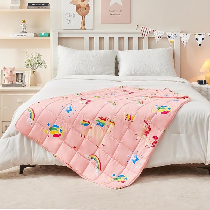 yescool Unicorn Weighted Blanket 7 Pounds Cooling Weighted Lap Blanket, Pink Rainbow Heavy Blanket, Breathable Weighted Throw Blanket Gifts for 60-80lbs, 40"x60"