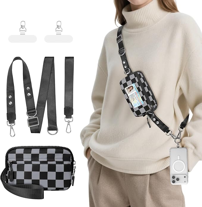 Tiostep Clip and Go Strap for Phone with Wallet Crossbody Phone Lanyard and Detachable Checkered Bag with ID Window and RFID Pouch for Daily Travel.