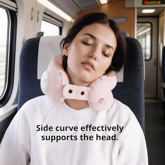 Ultralight Inflatable Travel Neck Pillow Press to Inflate Leak-Proof Design Compressible Adjustable Neck Support for Airplane Camping Driving Sleeping Business Trip Long Flights (Pink, Medium)