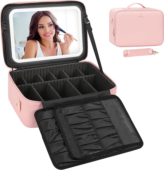 Relavel Large Makeup Case with LED Mirror, Train Cosmetic Case with Separate Brush Board, Professional Makeup Organizer Storage with Detachable Dividers for Makeup Artists, Hairstylist - Pink