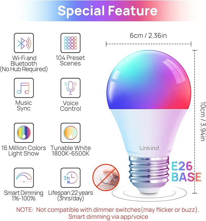 Linkind WiFi Smart Light Bulbs, Alexa & Google Home Compatible, RGBTW 16M Color Changing, Dimmable Mood Lighting, A19 E26 WiFi Bulb 60W 800LM 8 Pack | Led Color Changing Light Bulb RGBTW, 2.4G WiFi+Bluetooth, 104 Preset Scene, Music Sync, DIY, Dotis, A...