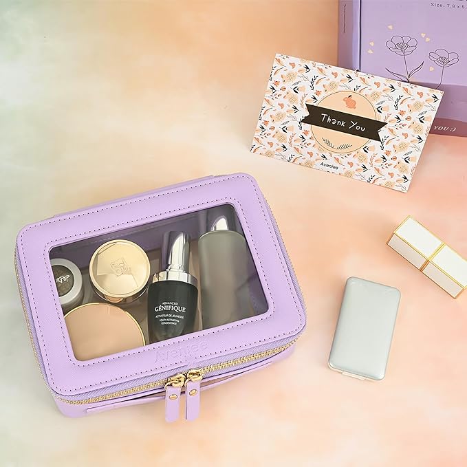 Aveniee Clear Makeup Bag Organizer, Travel Toiletry Bag Cosmetic Case for Women, Make Up Skincare Pouch Car Organizer Bag with Zippers for Essentials,Lilac,Medium Classic