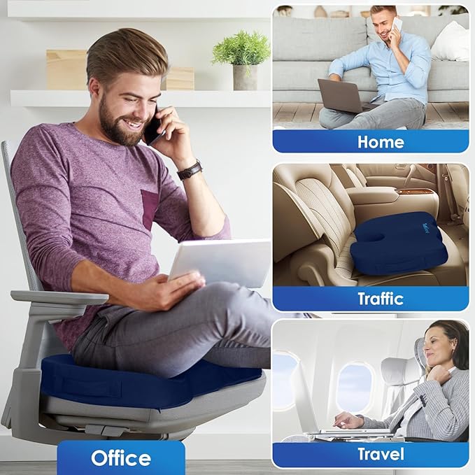TushGuard Seat Cushion for Office Chair Memory Foam Non-Slip Cushion Back, Coccyx, Sciatica, Tailbone Pain Relief Butt Pillow for Office Chair, Car, Wheelchair, Blue, XX-Large
