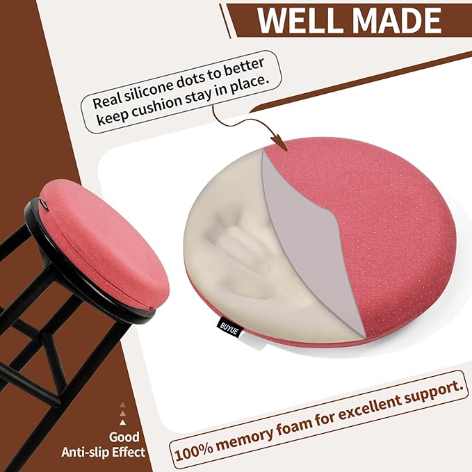 BUYUE Memory Foam Seat Cushion, Dia 13" Soft Velvet Round Stool Cushion Anti-Slip Chair Pads, S, Rose Pink