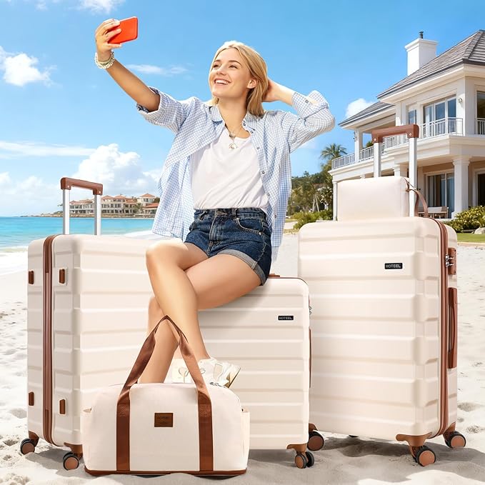 Hoteel Luggage Sets 5 Piece, 4-Year Warranty, Carry-On Luggage with Dual-Spinner Wheels, ABS Hard Shell Suitcase with TSA Locks, Lightweight Luggages for Travel, Beige(20IN/24IN/28IN/DB/TB)