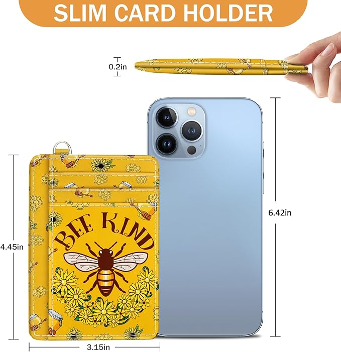 Yonlevres Credit Card Holder Slim Wallet, Bee RFID Wallet Women Front Pocket Small Card Holder, Travel Cute Funny Thin Card Case ID Window PU Leather RFID Blocking Card Organizer Gifts Girls Ladies
