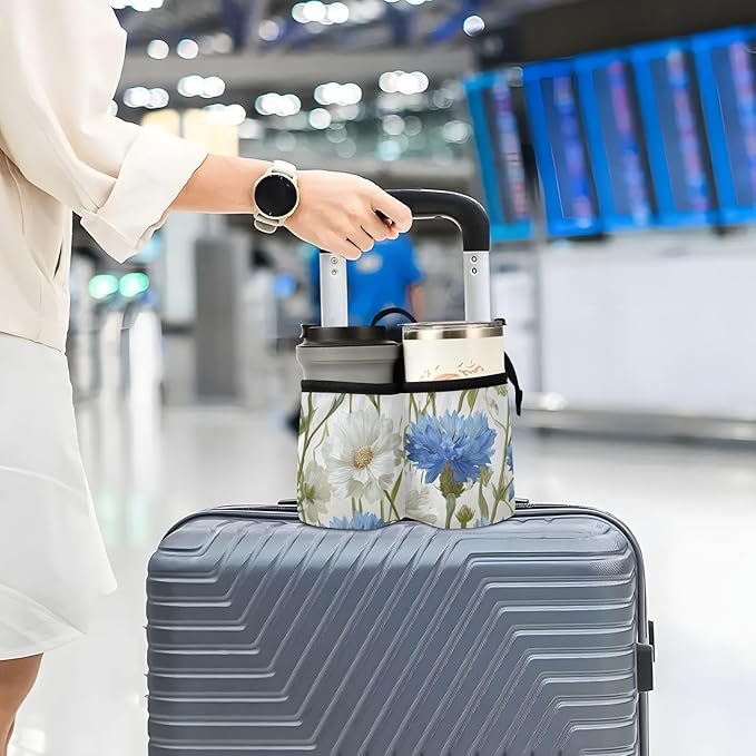 Blue Cornflowers Butterfly White Daisy Luggage Cup Holder Travel Portable Free Hand Drink Carrier Suitcase Drinks Beverage Holder Carry-On Bottle Mug Holder Organizer Bag Travelers Accessories