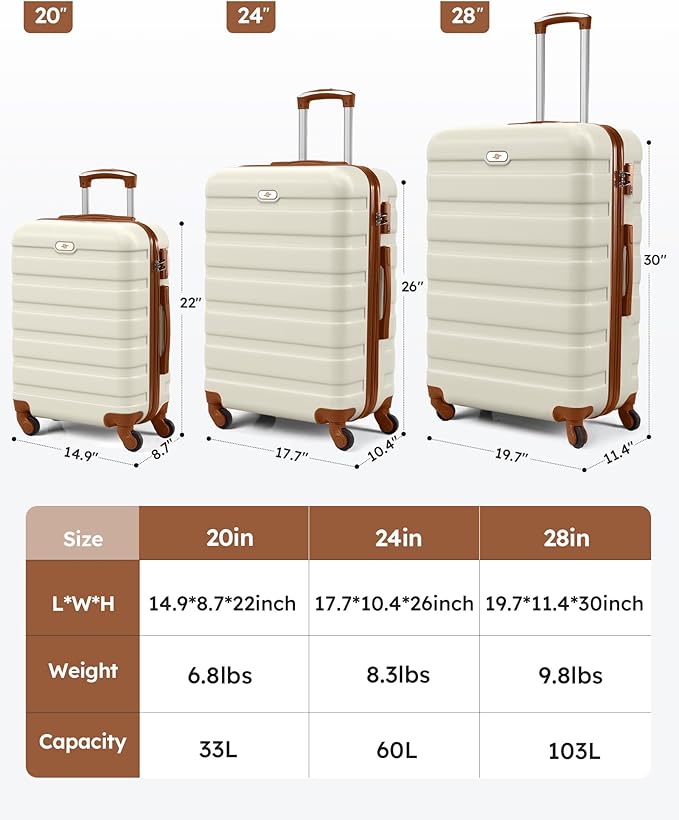 Suitour Luggage 3 Piece Sets Hard Shell Luggage Set with Spinner Wheels,TSA Lock,20 24 28 inch Travel Suitcase Sets (White Brown)