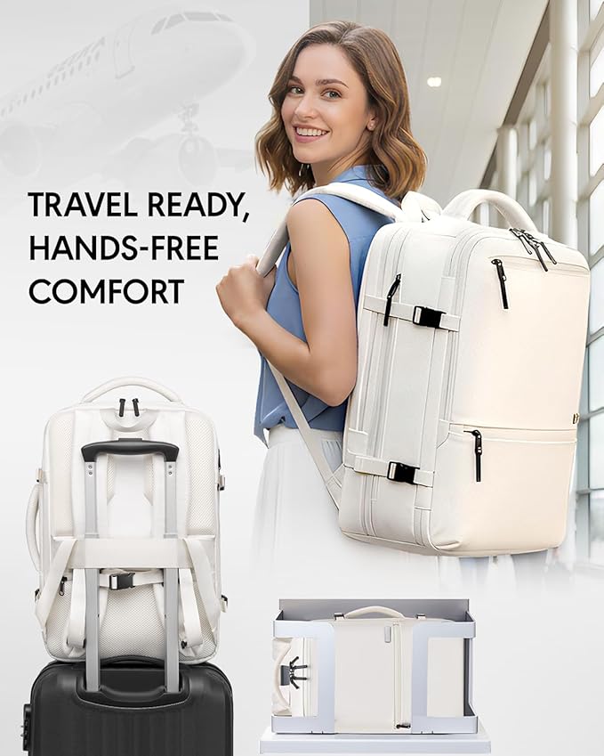 Dinictis Vacuum Seal Travel Backpack 60L Built-in Pump, Expandable Backpack with Vacuum Compression Fits 17 inch Laptop, Water Resistant Carry On Suitcase Luggage for Short Trip and Business-Beige