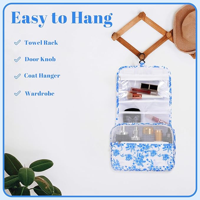 Pengxiaomei Hanging Toiletry Bag, Blue Vintage Floral Waterproof Cosmetic Bag Portable Makeup Pouch Travel Wash Bag with Handle for Kids Teen Girls Camping Tea Party Mothers Day Gifts