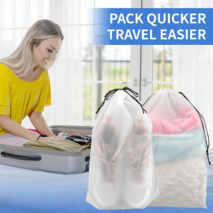Clear Travel Shoe Bags 5-Pack (15.7x11.8 Inches) – Waterproof Drawstring Shoe Organizers for Packing, Essential Travel Gear for Men & Women
