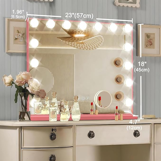Ratsamee Pink Hollywood Vanity Mirror with Lights, 15 Dimmable Bulbs, 3 Color Lights,Make Up Lighted Mirror, Aluminum Metal Frame, USB Charging Port(23" x 18")