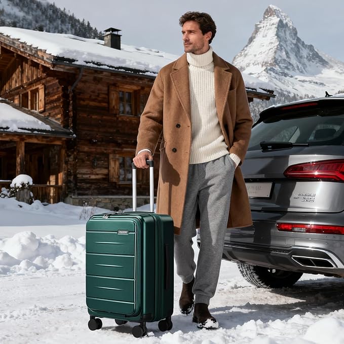 Carry On Luggage with Top Opening, Expandable with Front Pocket and USB Charging Port, Lightweight with Front Compartment Rolling Suitcases with Spinner Wheels (Dark Green, 20 Inch)