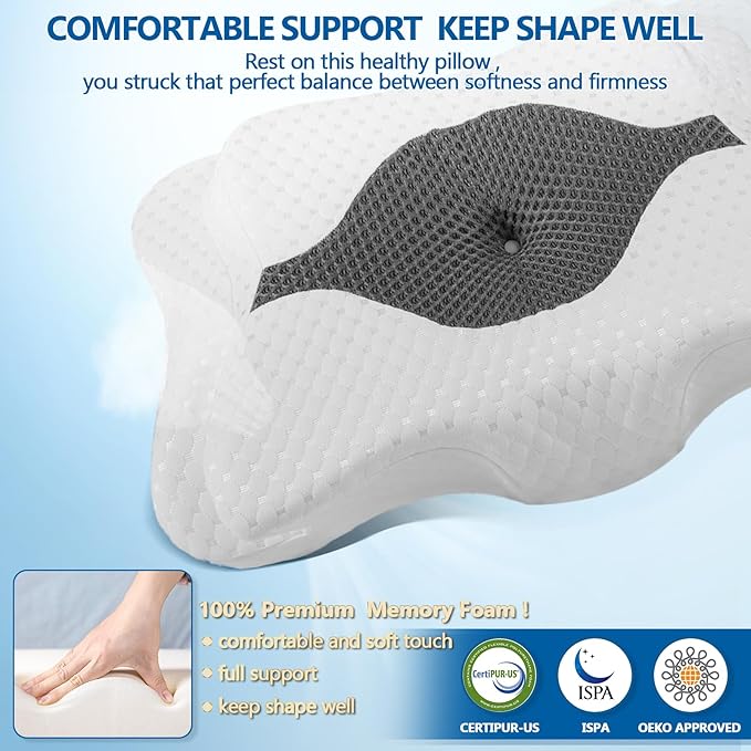 Memory Foam Pillows, Cervical Pillow for Neck and Shoulder Pain Relief, Ergonomic Contour Bed Pillow, Soft for Side Sleep Stomach Sleeping and Back Sleeper-Queen Size&Grey