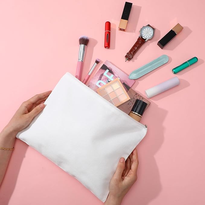 8 Pack Blank Canvas Makeup Bag, White 12 x 9 Inch Zipper Pouch Multipurpose Cosmetic Bag for DIY, Travel Organizer, Stationery Storage