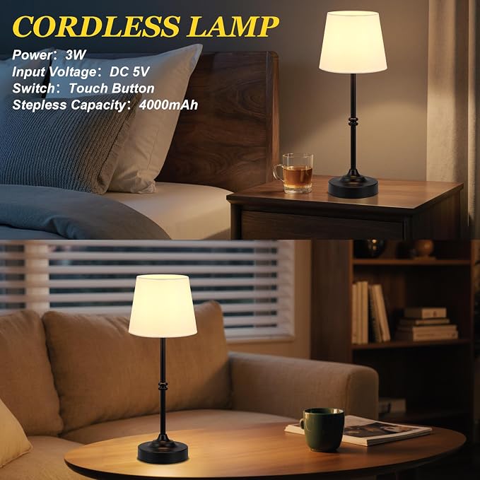 Kakanuo Rechargeable Cordless Table Lamp Black - 2 Pack 4000mAh Battery Operated Lamp, 3000K Warm Light, Touch Control Stepless Dimming, for Bedside, Dining Table, Home Decor