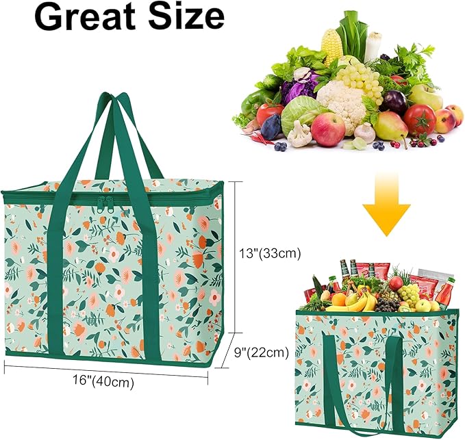 musbus 2-Pack extra Insulated Grocery shopping bag, large Green leaf, kitchen foldable reusable bags groceries,Sturdy zipper,Collapsible,tote,cooler,for transport women,Durable carrier