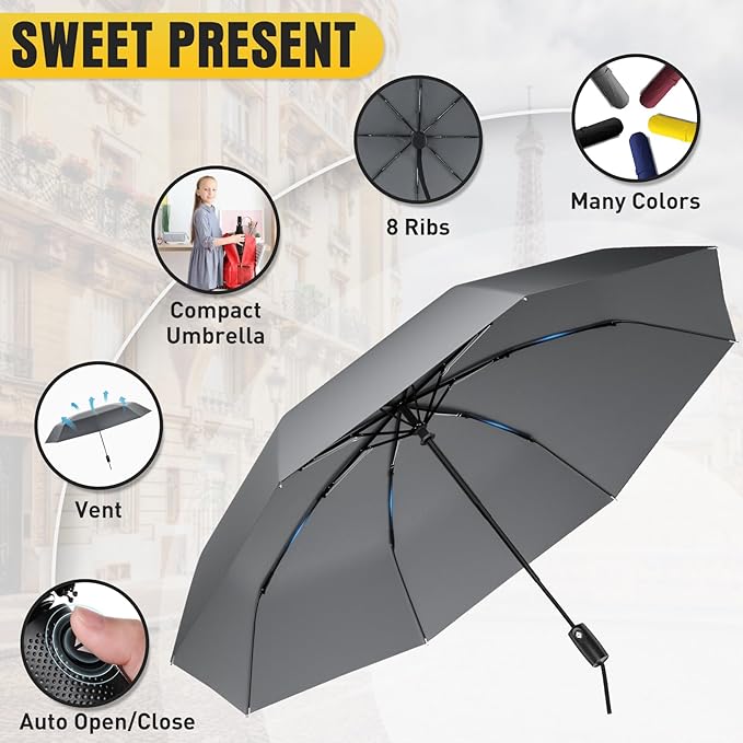 Windproof Travel Umbrella, Compact Umbrella, Car Umbrellas for Rain & Sun, 8 Fiberglass Ribs for Strong UV & Wind Resistance, Portable, Lightweight, Vent, Easy Automatic Open/Close