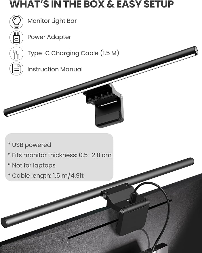 Monitor Light Bar 19.7", No-Glare Asymmetric Desk Screen Lamp | Auto-Dimming USB Reading Lamps, CRI Ra97, 2700K-6500K & Stepless Dimming, Touch Control, 5V/2A Adapter for Home Office