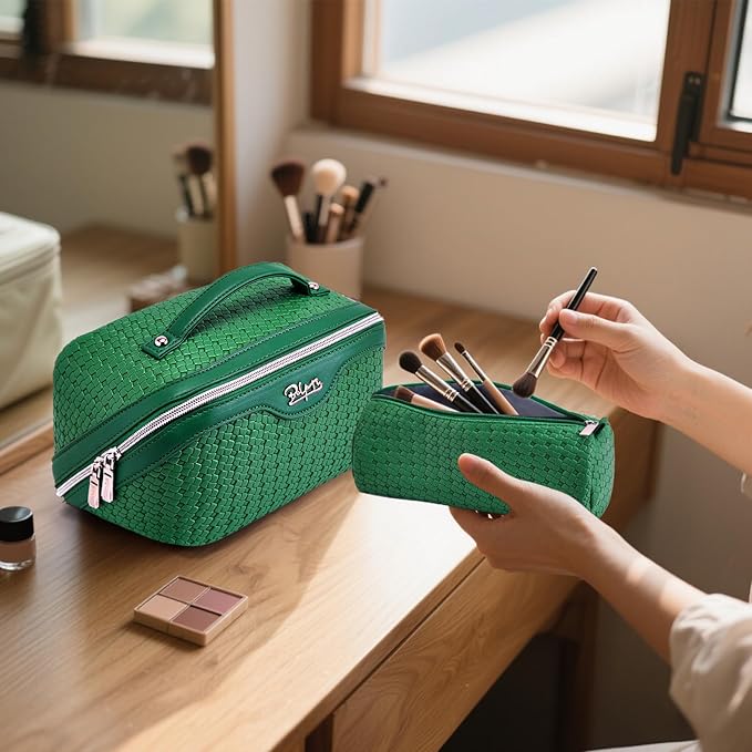 BOYATU Travel Makeup Bag Cosmetic Bags for Women: Large Capacity 3 Pcs Set Make up Bag with Compartments - Waterproof Vegan Leather Toiletry Organizer Bags with Handle (L38 Green)