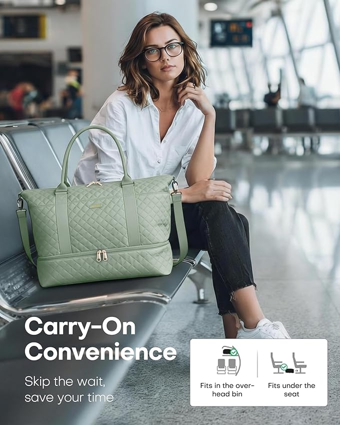 HOTOR Travel Duffel Bag - Weekender Bags for Women, Gym Tote Bags with Shoe Compartment, Carry On Overnight Bag with Toiletry Bag for Travel Essentials and Travel Accessories, Green, 15.8"×18.1"×8.7"