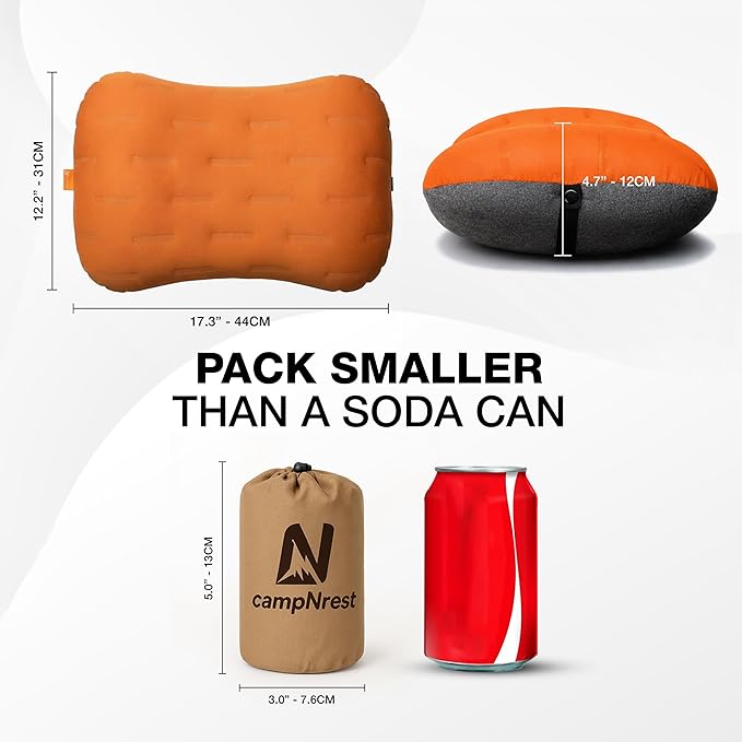 Inflatable Camping Pillow - Ultralight Compact Air Pillow for Travel, Backpacking & Hiking - Ergonomic Neck & Lumbar Support - Portable Inflatable Pillow with Removable Washable Cover - (Orange)