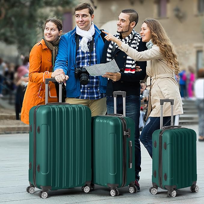Karl home Luggage Sets 3 Piece, Hardside Carry on Suitcase Sets with Spinner Wheels & TSA lock, Portable Lightweight ABS Luggages for Travel, Business - Dark Green, 20/24/28in