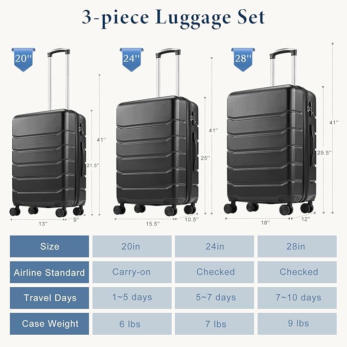 NEWBULIG 20 Inch Carry on Luggage, Lightweight Expandable Rolling Suit Case with TSA Lock, Hard Shell ABS Suitcase with Double Spinner Wheels, Black