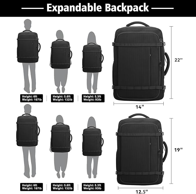 Ample Space Travel Backpack with LifetimeWarranty,Expandable Carry on Backpack with USB Cable Port,Fits 17.3"Laptop Notebook,Water Resistant Weekender Backpack Business Trips,Daily Travel,Black