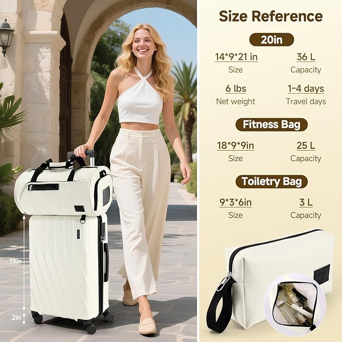 Hoteel Luggage Sets 3 Piece PC Hardside, 4-Year Warranty, Luggage Set with Spinner Wheels, TSA Lock, YKK Zipper, Lightweight Carry on Luggage, 20" Suitcase with Fitness Duffel & Organizer, Beige