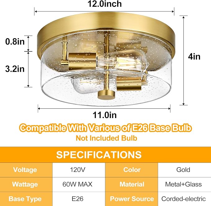 Flush Mount Ceiling Light Fixtures, 2-Light Gold Ceiling Mount for Farmhouse with Seeded Glass Lampshade, Industrial Flush Mount Light Fixture Farmhouse for Hallway, Kitchen, Entryway and Foyer