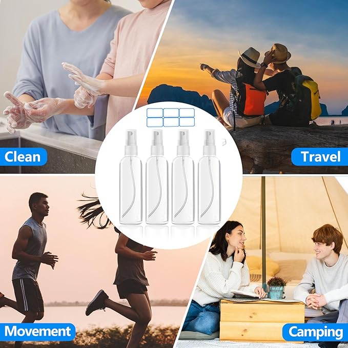 4 Pack 3.4 Oz (100ml) TSA Approved Travel Bottles, Travel Size Containers Spray Bottles with Labels - Fine Mist, Refillable, Reusable, Leak Proof