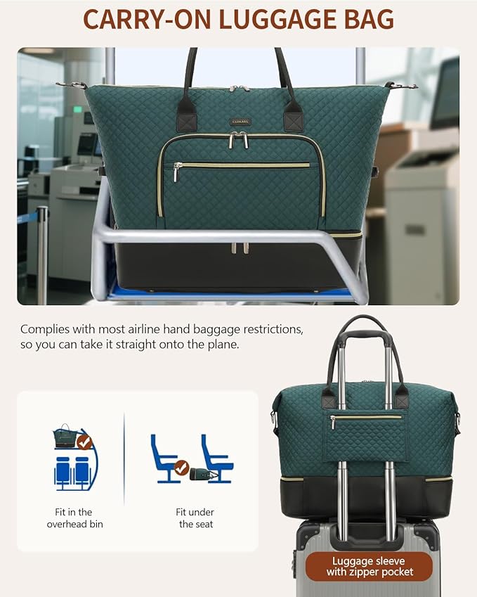 Duffle Bag for Women Travel, Weekender Bag Overnight Bag with Shoe Compartment, Carry on Bag with Crossbody Purse for Over Night, Weekend, Yoga, Gym, Business Trips, Hospital, DarkGreen Black