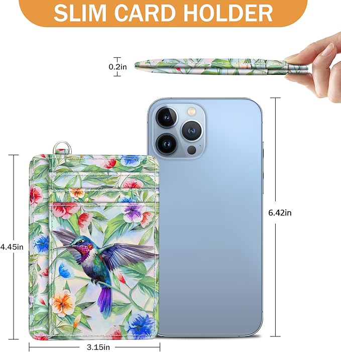 Yonlevres Credit Card Holder Slim Wallet, Hummingbird RFID Wallet Women Front Pocket Small Card Holder, Travel Funny Cute Thin Card Case ID Window PU Leather RFID Blocking Card Organizer Gifts Girls