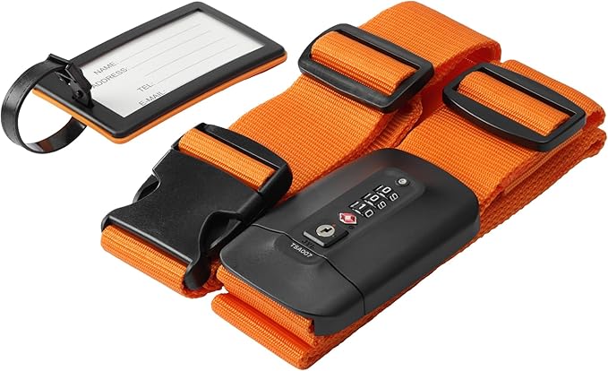 Navaris TSA Luggage Strap - Secure Adjustable Strap for Suitcases with Combination Lock - Lockable Cross Case Travel Belt for Luggage with ID Tag - Orange