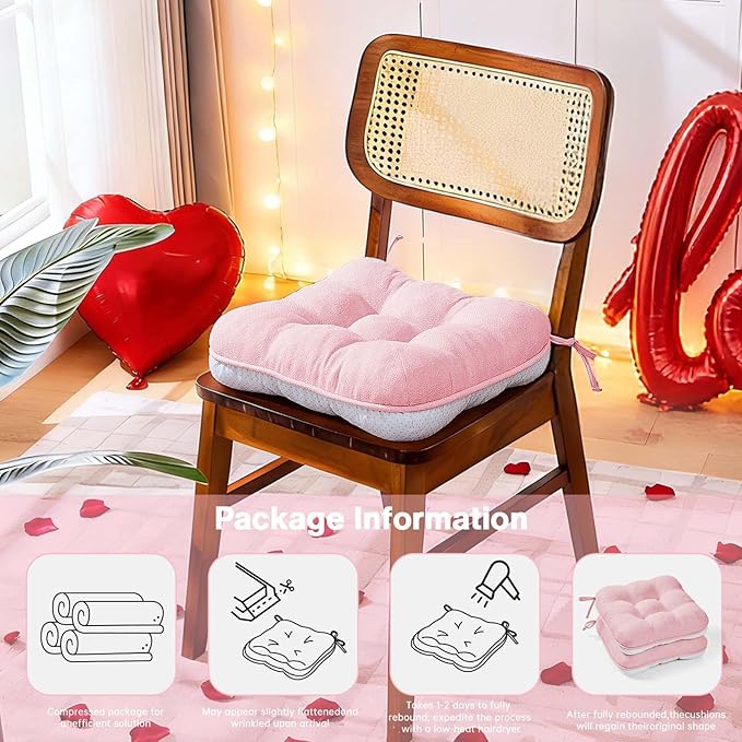 BETU Pink Chair Cushions for Dining Chairs Set of 6,3.5" Thick Kitchen Table Chair Pads with Ties,Non Slip Backing and Covers, Seat Cushion for Dining Room,Bar,Patio Chairs,16"X16"X3.5",Pink