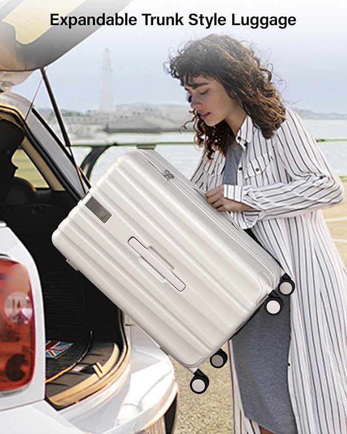 Hanke 24 Inch Plus Expandable Luggage Large Suitcases with Wheels, Medium Checked Luggage Hard Shell Suitcases, PC Trunk Luggage Extra Large Suitcase with Lock for Women Men(Ivory White)