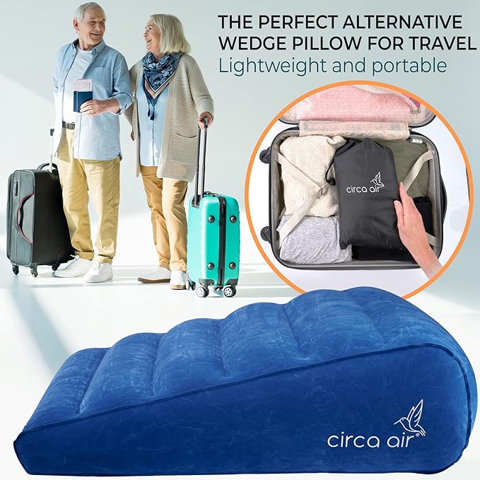 Circa Air Inflatable Wedge Pillow for Traveling - Travel Wedge Pillows for Sleeping in Bed, Acid Reflux, Sleep Apnea, Snoring for Back, Leg Elevation - Blow up Knee Pillow