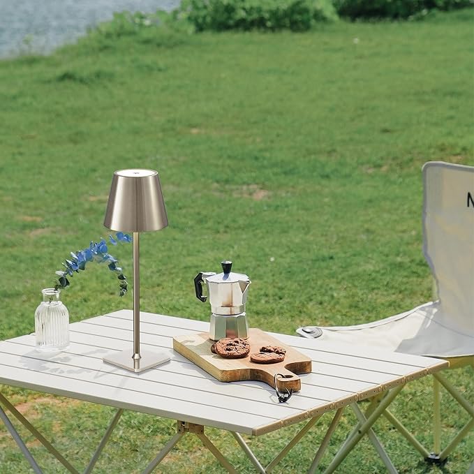 Mr. White Outdoor Waterproof Cordless Wireless Rechargeable Portable Top Touch Battery Operated Powered LED Table Lamp Desk Lamp Lights for Restaurant Kitchen Patio Dinner Dining (Nickel)