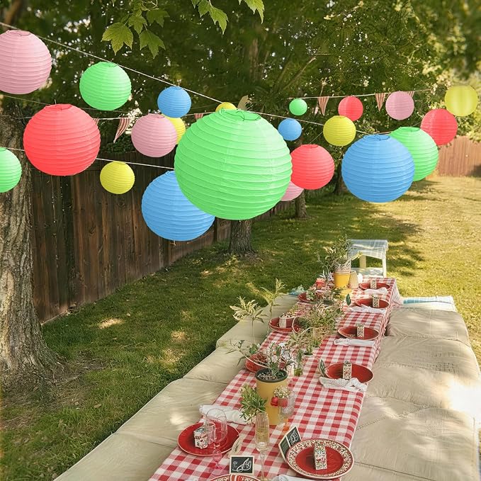 KNONEW 20 Pack 10" Multicolor Outdoor Silk Lanterns Decorative Party Waterprooof Chinese Hanging Round Lanterns for Weddings, Birthdays, Parties Decoration (No Light Bulbs Included)