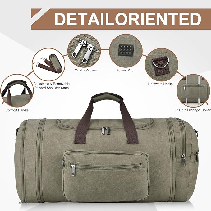 Felipe Varela 60L Duffle Bag for Men, Large Expandable Canvas Duffel Bag for Travel, Mens Carry On Luggage Bag Traveling Weekender Gym Overnight Bags for Airplanes, Green