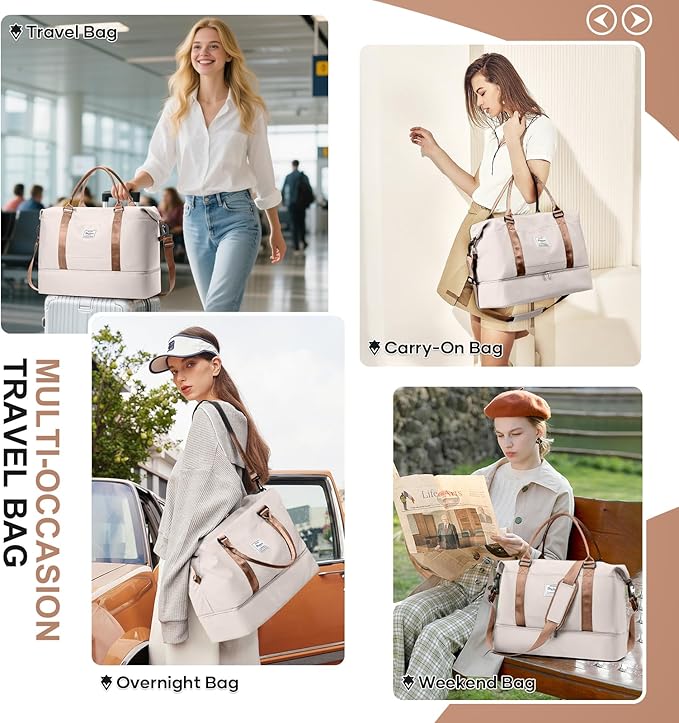 Overnight Weekender Bags for Women,Vacuum Travel Duffel Bag with Air Pump, Personal Item Travel Bag with Shoes Compartment & Compression Pocket,Beige & Brown