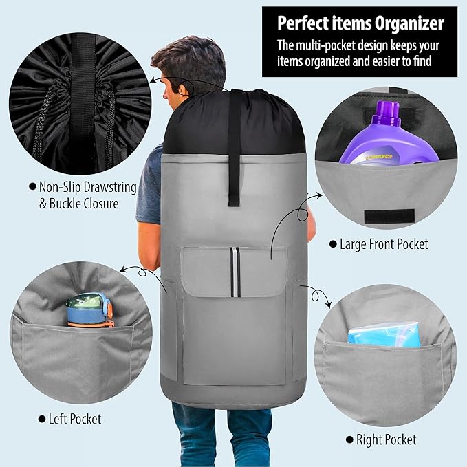 BeeGreen Grey-Laundry-Bag-Backpack-Extra-Large-Heavy-Duty, 125L Portable Travel Laundry Backpack Shoulder Straps & Extendable Clothes Hamper Bag 3 Pockets for College Apartment