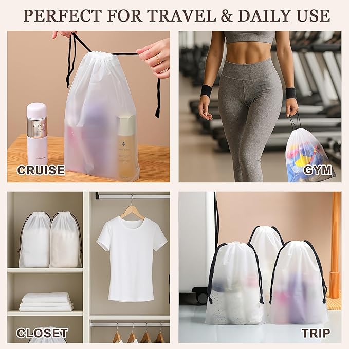 5 Pack Clear Shoe Bags for Travel, 15.7"×11.8" PEVA Drawstring, Water-Resistant, Fits up to Men’s 12–13, Reusable Storage for Shoes, Clothes & Toiletries, Keep Luggage Tidy & Odor-Free