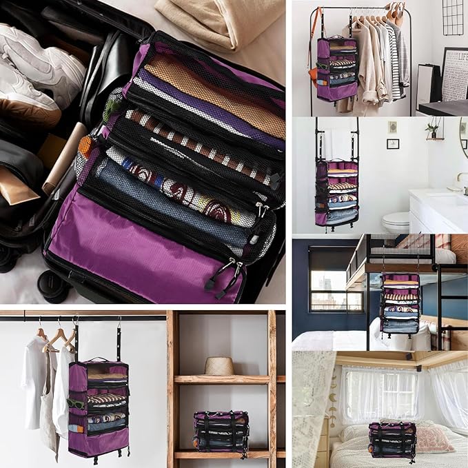 Surblue Travel Hanging Luggage Organizer Portable Suitcase Closet Organizer Multiple Compartments Collapsible Compression Packing Cubes Shelf, Purple, M