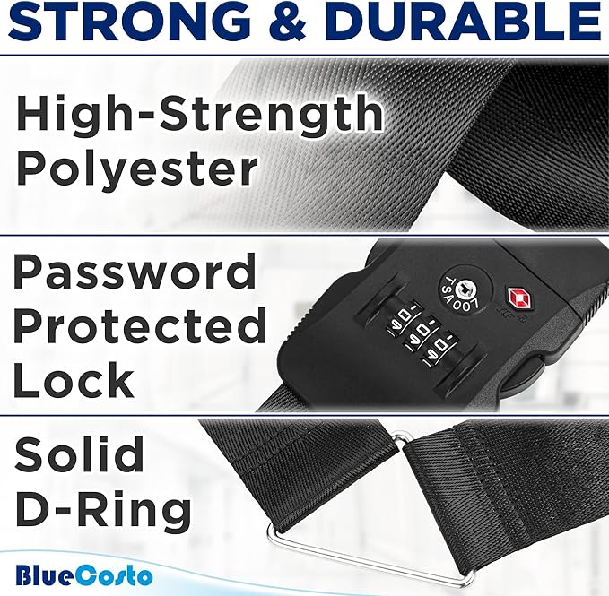 BlueCosto - Luggage Strap with TSA Lock - 7 to 13 ft Adjustable, Jet Black - TSA Approved Suitcase Security Belt with 3 Digit Combination Locking - 2" Wide Heavy Duty Baggage Strap for Secure Travel