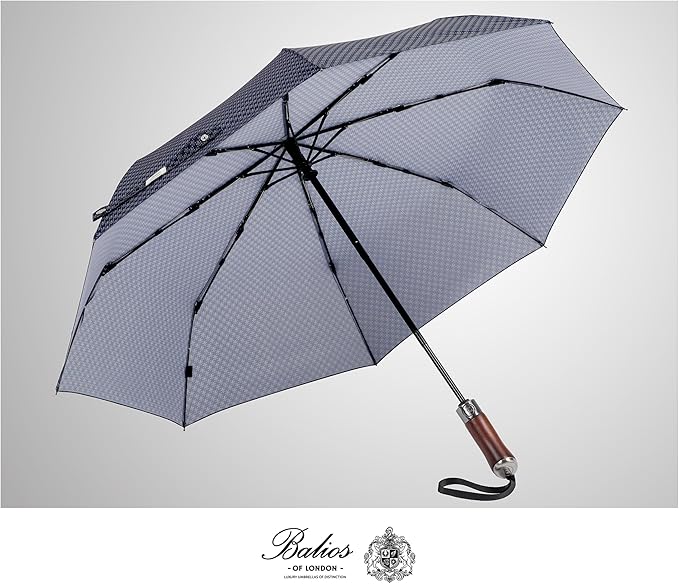 Balios (Designed in UK) Travel Umbrella Luxurious Golden Hardwood Handle Auto Open & Close Windproof Frame Single Canopy Automatic Folding Umbrella Men's & Ladies