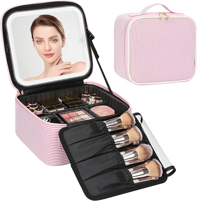 Relavel Travel Makeup Bag With LED Mirror, Portable Cosmetic Bag Organizer with Adjustable Brightness in 3 Color Scenarios, Small Cute Train Case with Detachable Dividers for Trip- Pink Strip
