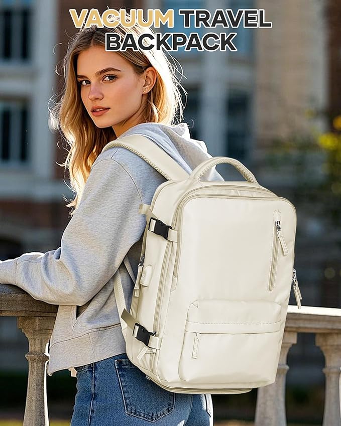 VECAVE Vacuum Travel Backpack with Pump for Women,Airback Personal Item Carry on Backpacks Flight Approved 18x14x8 inches for Men,Laptop Waterproof Work Compression bags Casual Daypack. (Beige)