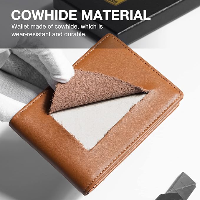 GSOIAX Slim Wallet for Men Rfid Blocking Leather Bifold Front Pocket Carbon Fiber Credit Card Holder Novelty Wallets With Gift Box (Brown and Grey)